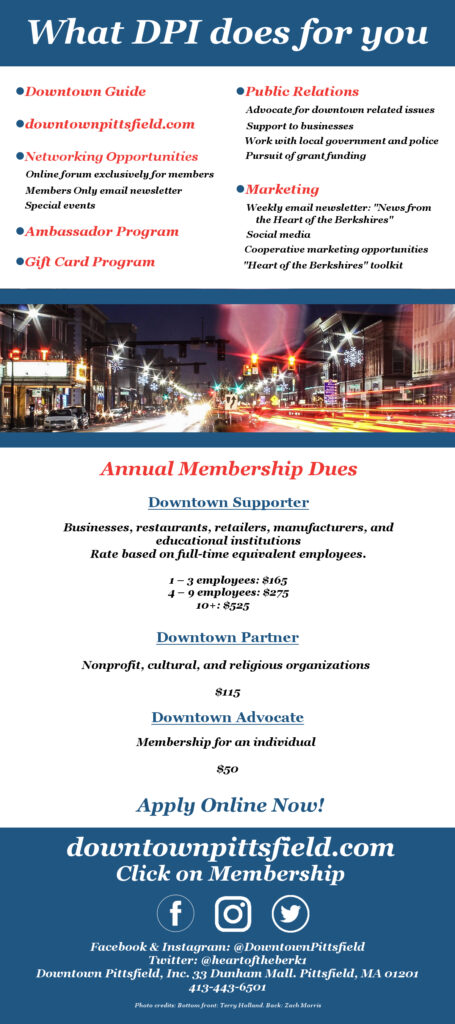 Downtown Pittsfield, Inc. member benefits postcard Pittsfield MA