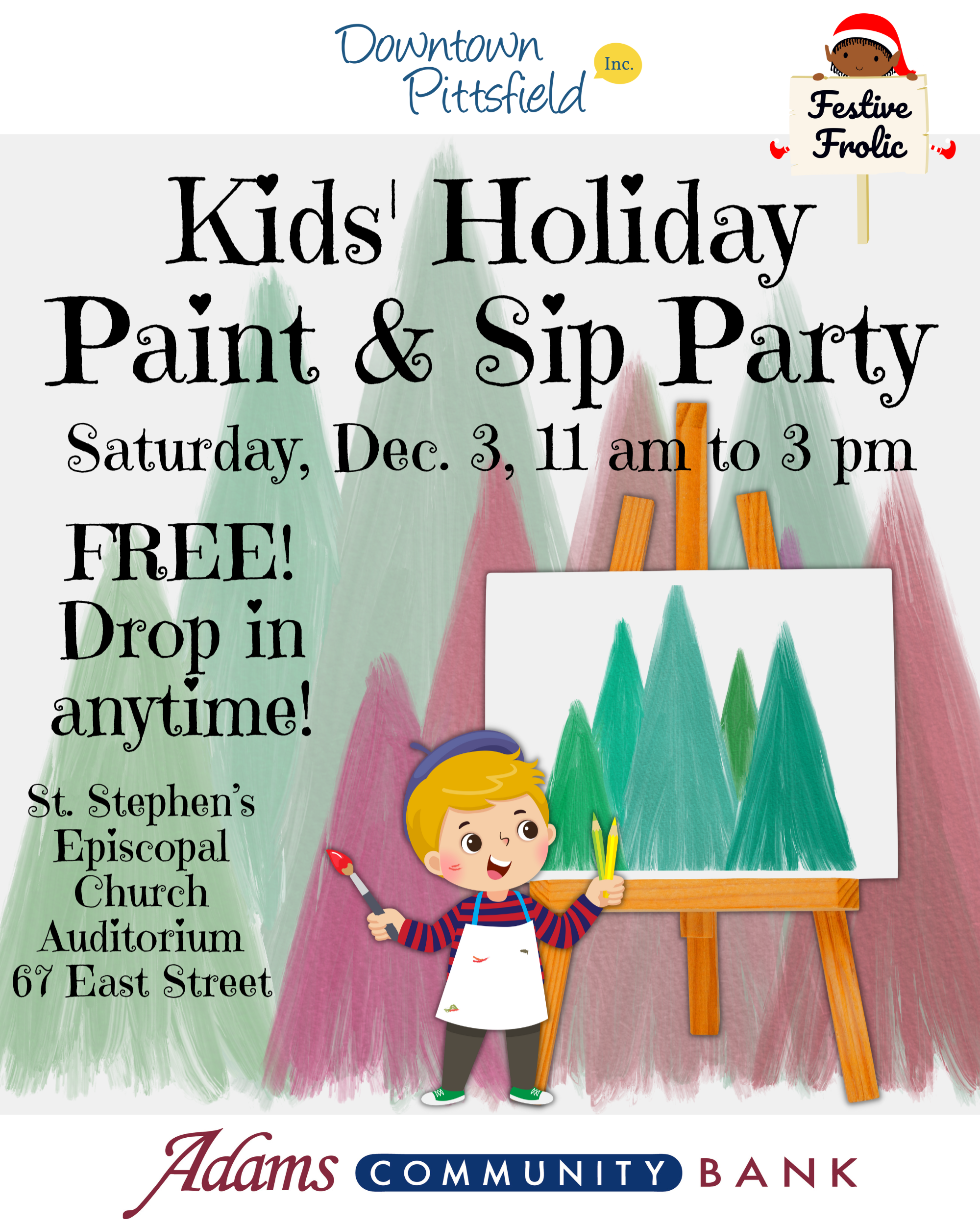 Free Holiday Kids’ Paint & Sip Party sponsored by Adams Community Bank
