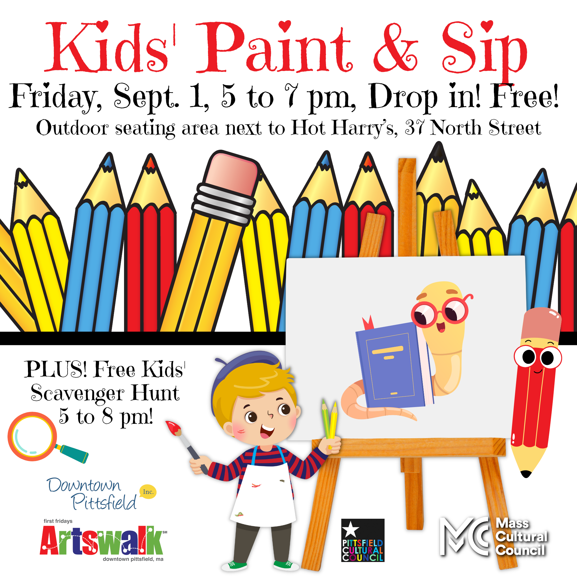 Downtown Pittsfield, Inc. will host a Free Kids’ Paint & Sip and Scavenger Hunt* on Friday, September 1, 5 to 7 pm, in the outdoor seating area next to Hot Harry’s and in front of the Marketplace Cafe (37 & 53 North Street).