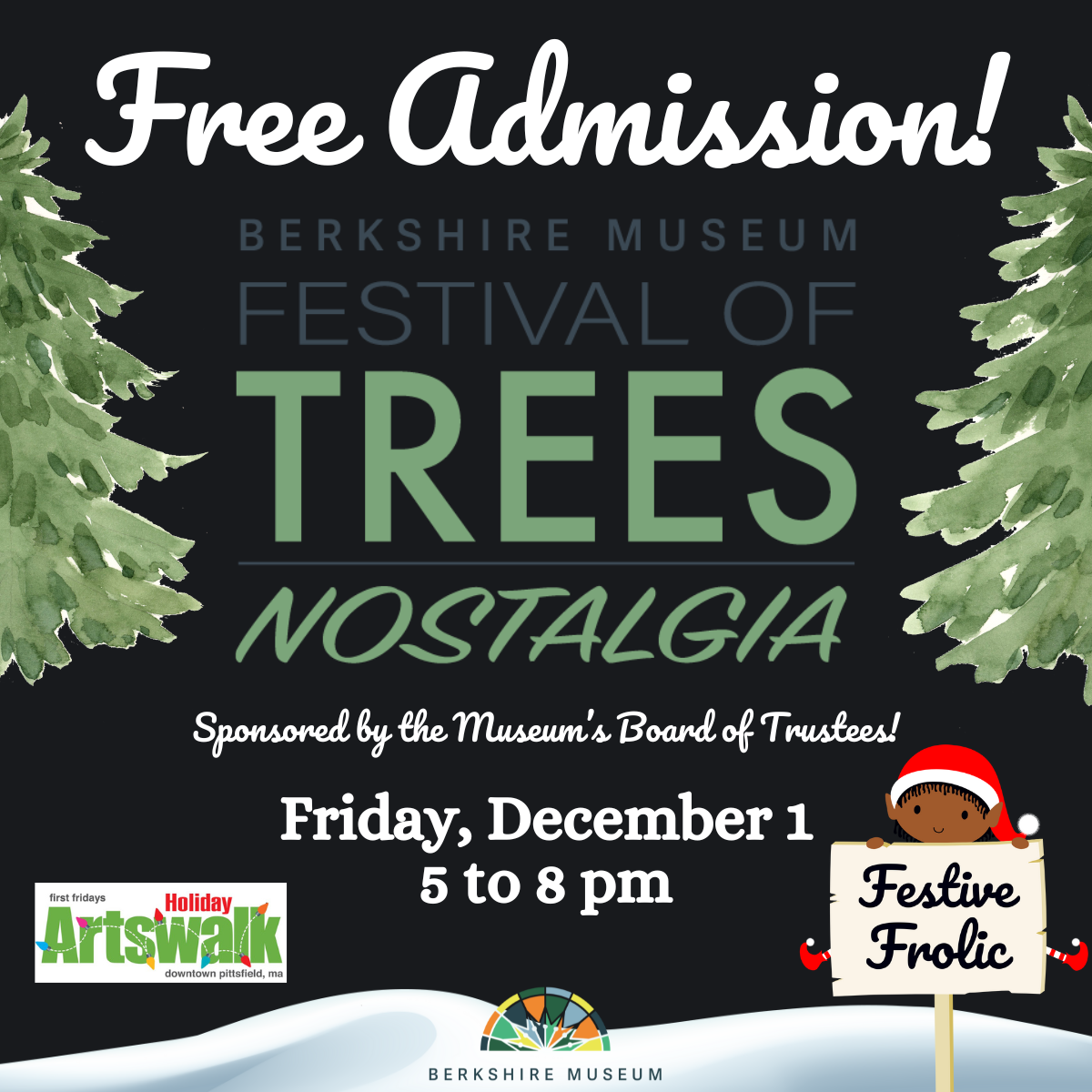 The Berkshire Museum will offer free admission to the Festival of Trees: Nostalgia on Friday, December 1, 2023, 5 to 8 pm.