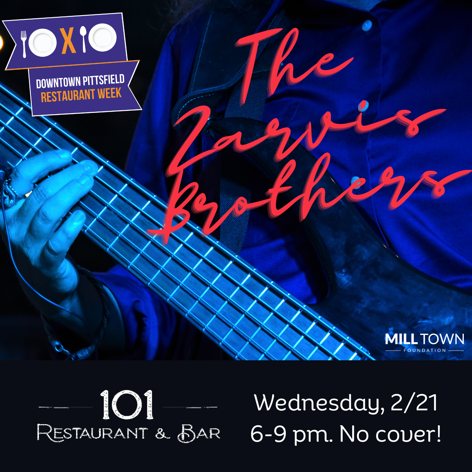101 Restaurant & Bar will host Live Blues with The Zarvis Brothers on Wednesday, February 21, 6 to 9 pm. There is no cover charge to attend.