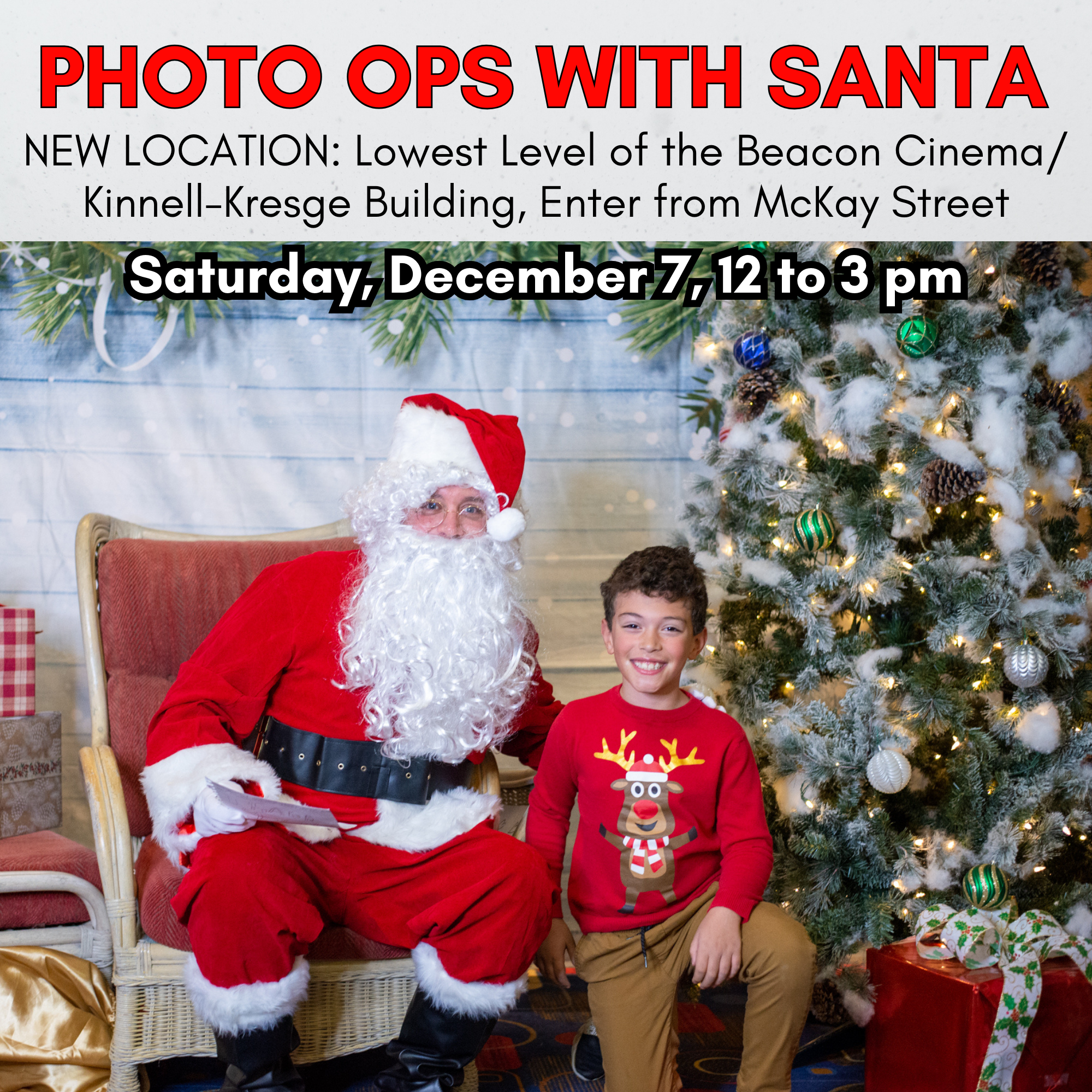 Downtown Pittsfield, Inc. will host Photo Ops with Santa on Saturday, December 7, 12 to 3 pm, in the Lowest Level of the Beacon Cinema/ Kinnell-Kresge Building.